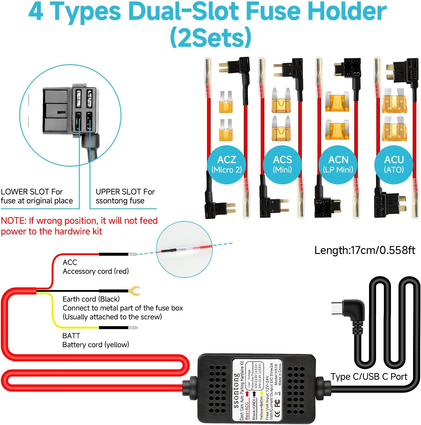 ssontong 3-Lead 12V-24V 5V 13ft Dash Cam Hardwire Kit, Acc Hardwire Kit for Dash Camera Type C Hard Wire Kit to USB-C