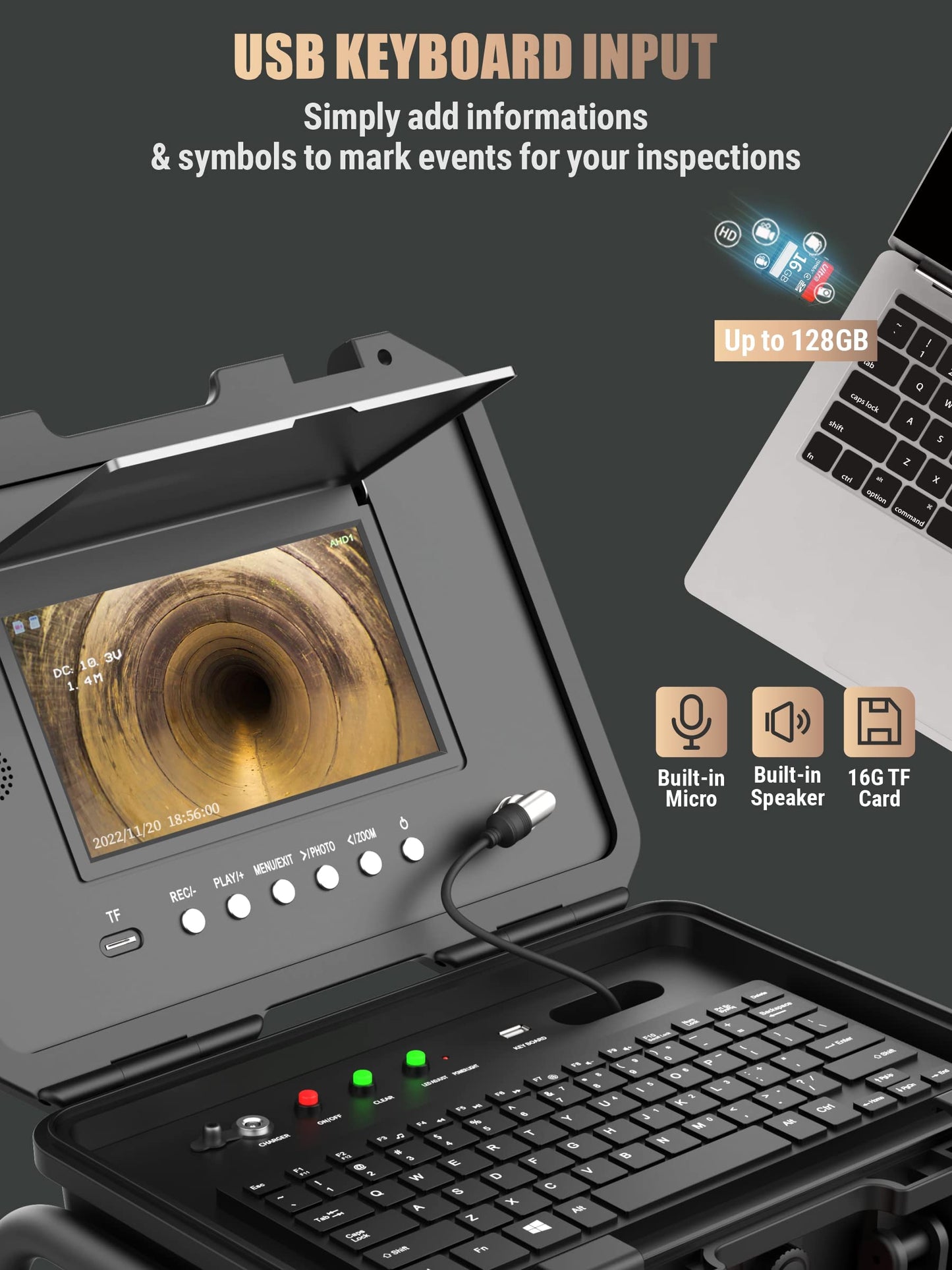 Anysun All-in-1 Sewer Camera - 512Hz, Distance Counter, Self-Leveling, 1-Touch Video/Audio, 165Ft Pipe Inspection Camera with 9" 1080P Screen, IP68 Industrial Borescope, 16GB