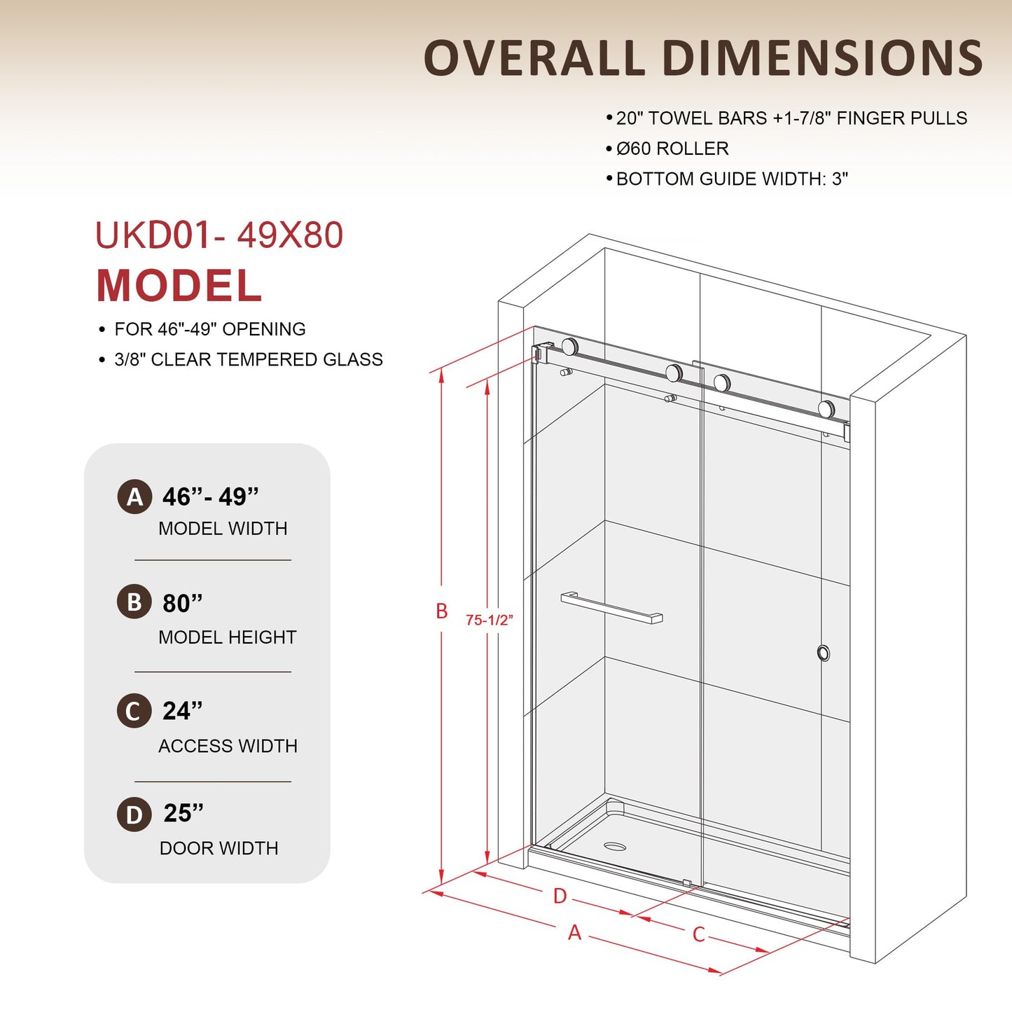 UKD01 46 to 49 in. W x 80 in. H Double Sliding Frameless Shower Doors - Stainless Steel 3/8" (10mm) Certified Tempered Glass 49x80-CH