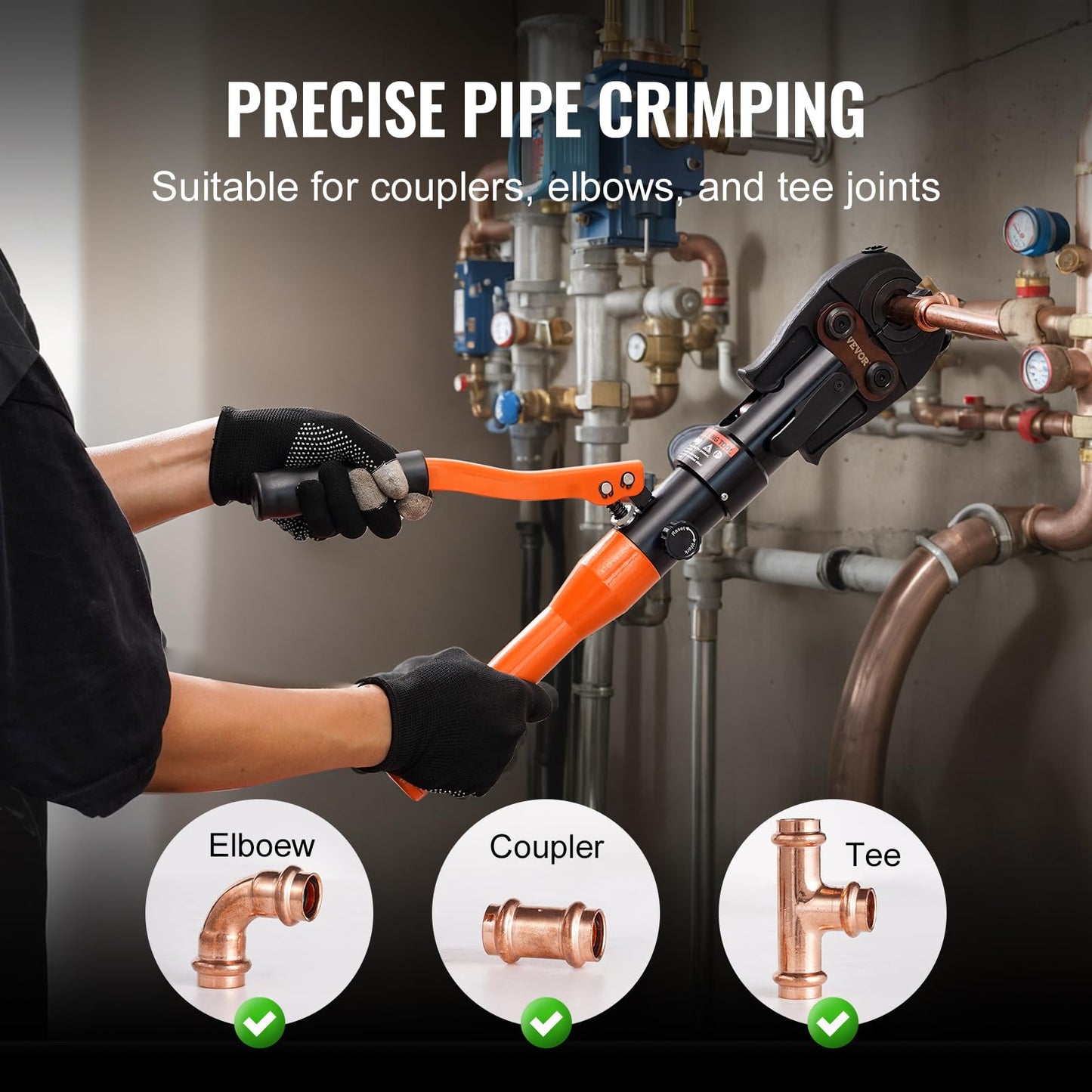 VEVOR Copper Pipe Crimping Tool, Hydraulic Driven Press Tool with 1/2", 3/4", 1" VUS Jaws, Copper Tube Fittings Pipe Crimpers for Narrow Spaces and Tee Fittings