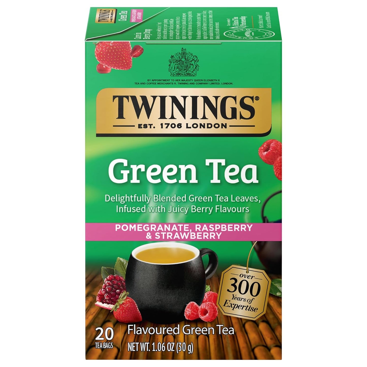 Twinings Green Tea - Pomegranate, Raspberry & Strawberry Flavor - 20 Individually Wrapped Bags