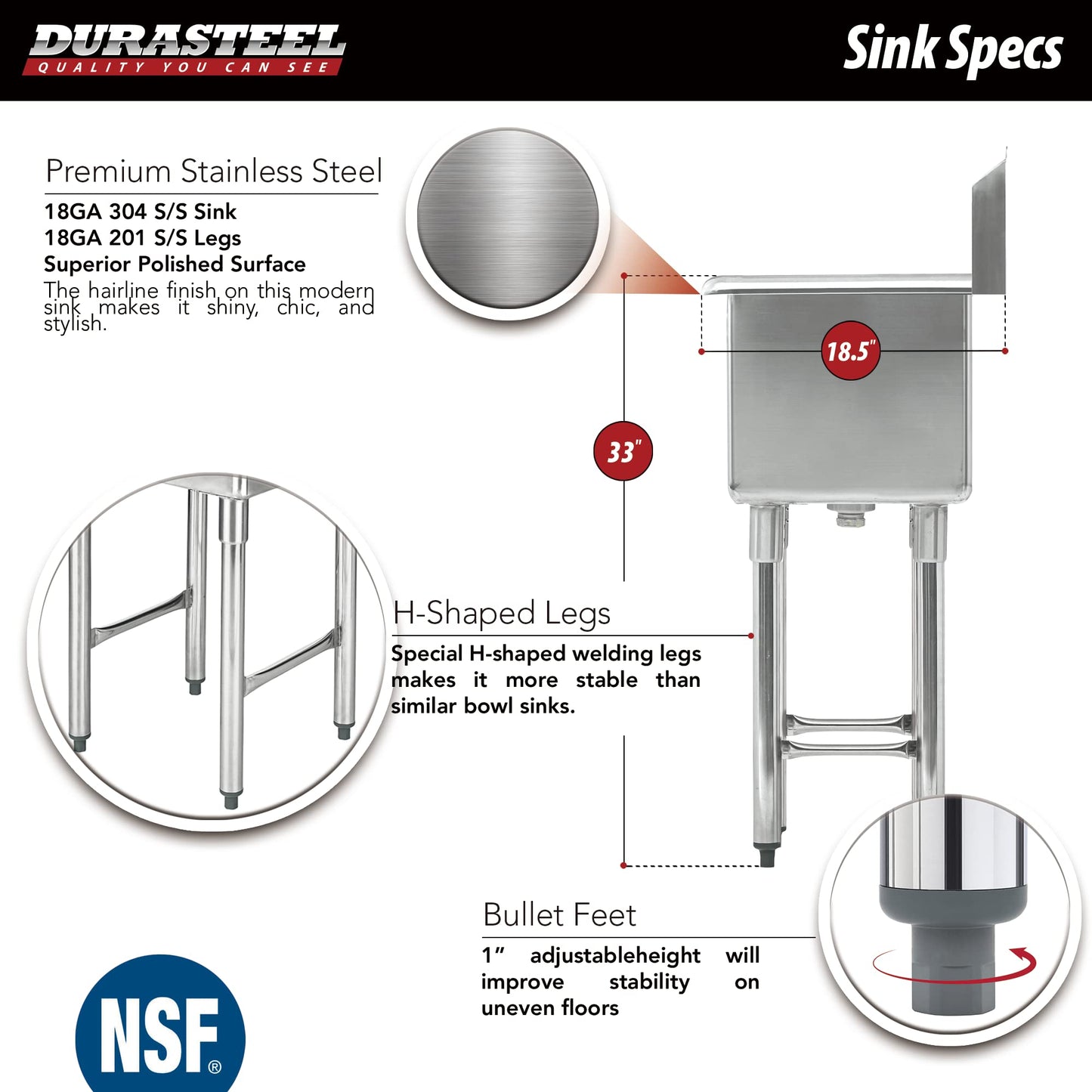 DuraSteel 304 Commercial Stainless Steel Utility Sink - 15 Inch Tub Freestanding Prep Kitchen Sink w/ Faucet - NSF Hand Wash Station for Kitchen Sinks, Outdoor, Laundry Room, Garage Small Kitchenette