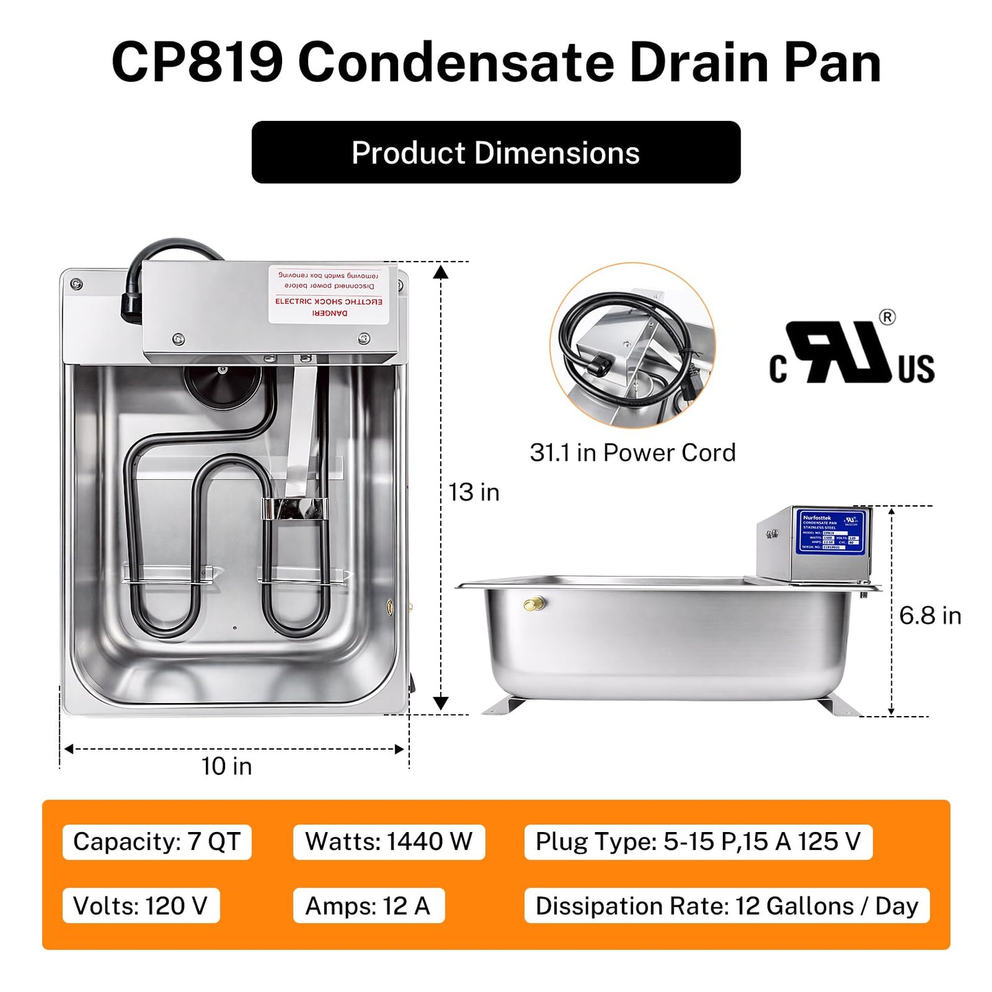 CP819 Commercial Condensate Evaporator Pan, 7 QT 120V 1440W 12A, 12 Gallons/Day Evaporation Rate, UL Certified, Applicable to Supermarket Refrigeration & Elevator HVAC Systems
