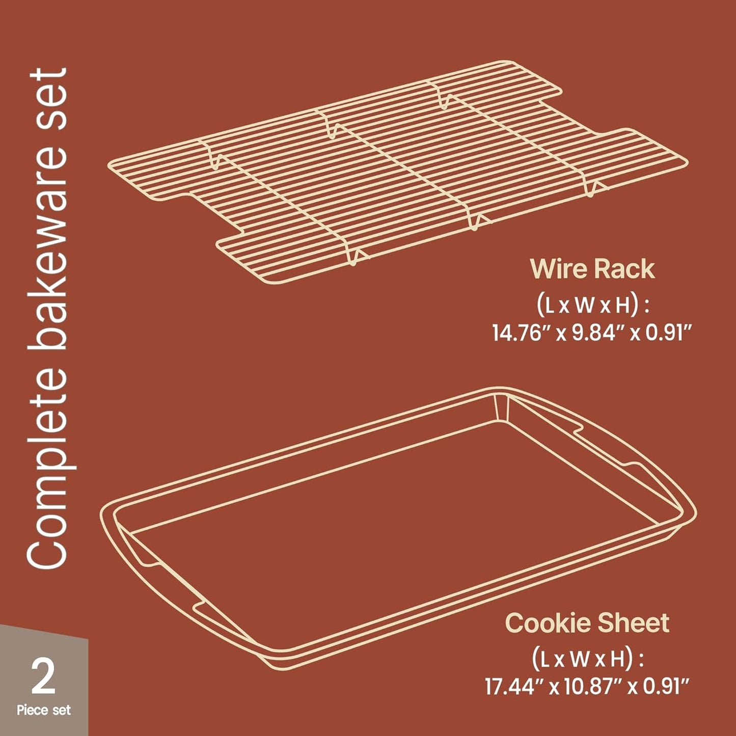 Regine Switzerland Nonstick Cookie Sheet Set - 2-Piece Brown Marble Carbon Steel Pan & Cooling Rack, Oven Safe Up to 450°F, Space-Saving Design