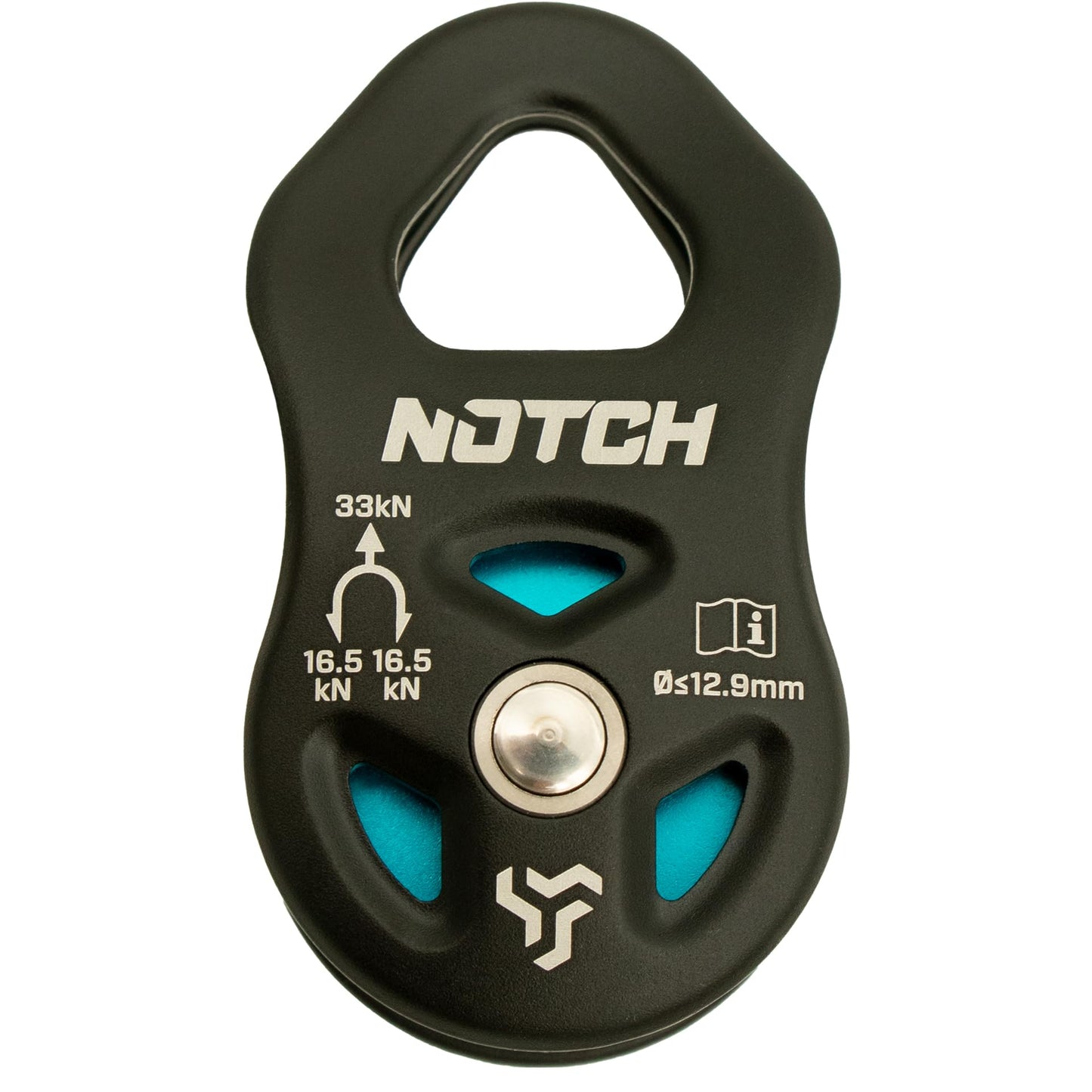 Notch Thirty-Three Micro Pulley with Massive Strength, MBS: 7,418 lbs. (33kN), Purpose-Built for Canopy Use, Mid-line Attachable with Swinging Side Plates, Use with Lines up to 1/2” (12.9mm) (100053)