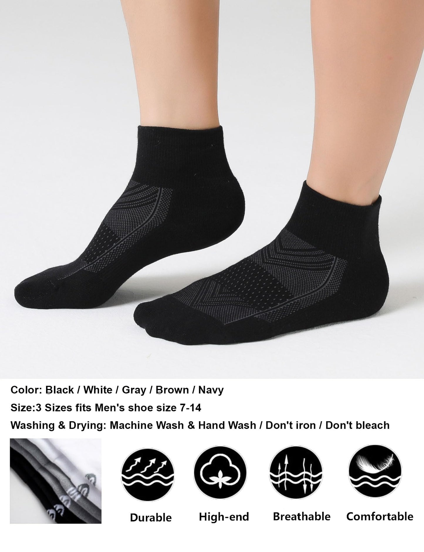 CS CELERSPORT 6 Pack Men's Ankle Socks with Cushion, Sport Athletic Running Socks, Black, Large