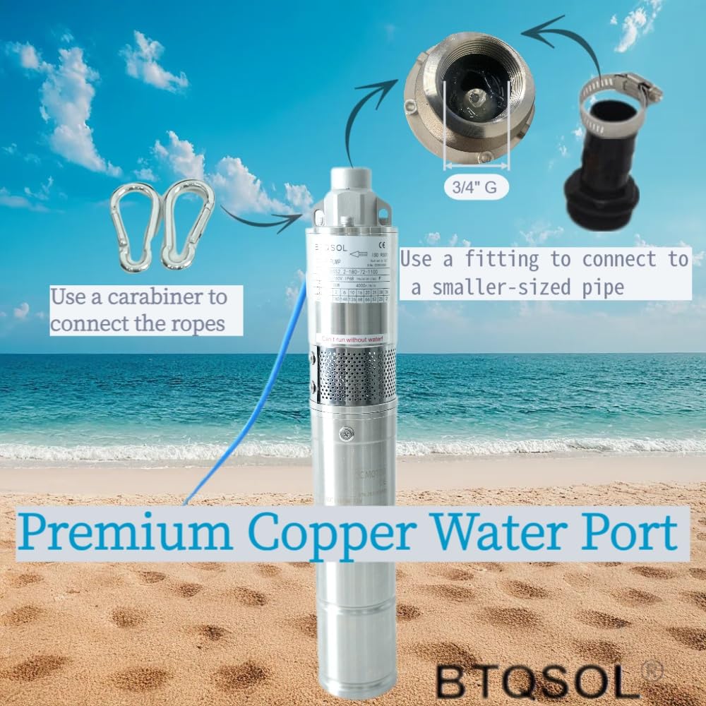 Deep Well Submersible Pump with Control Box, 1.5HP 72V, 9.7GPM Flow 590FT Head, with 0.75IN Outlet, 3 Inch DC Brushless Screw well Pumps, Stainless Solar Well Pump for Irrigation&Home Use, IP68