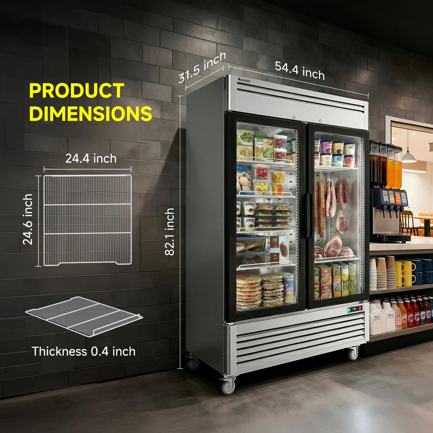 Coolski 54" W 2 Glass Door Commercial Freezer, Upright Display Freezer with Adjustable Heavy Duty Shelves, Auto Defrost, LED Interior Light, ETL DOE Certified for Stores and Cafés