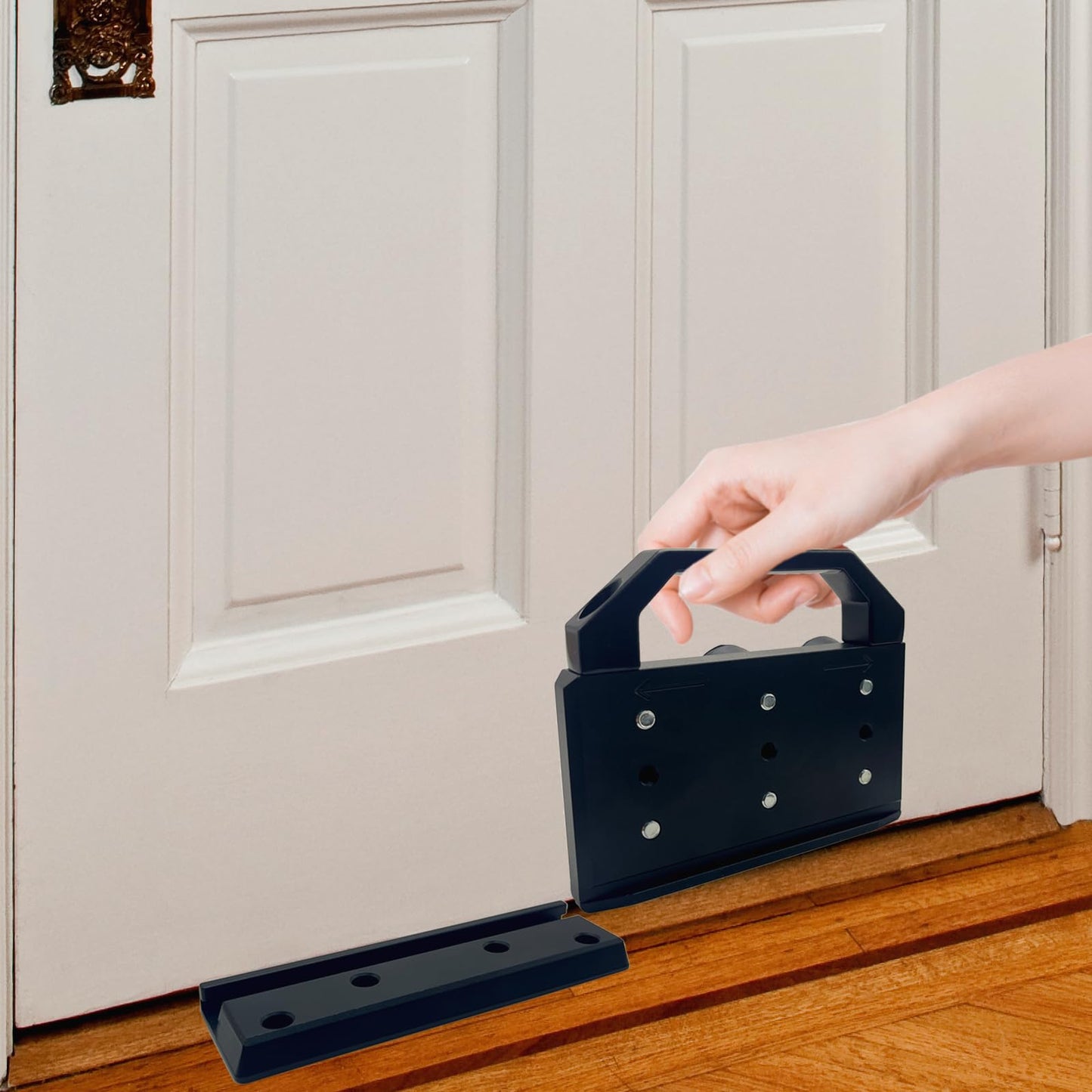 Security Door Stopper,Door Barricade Brackets,Prevents Entry Burglaries Home,Withstands 3000 Lbs of Violent Force,Enhance Family Security Floor Mounted, Black Aluminum