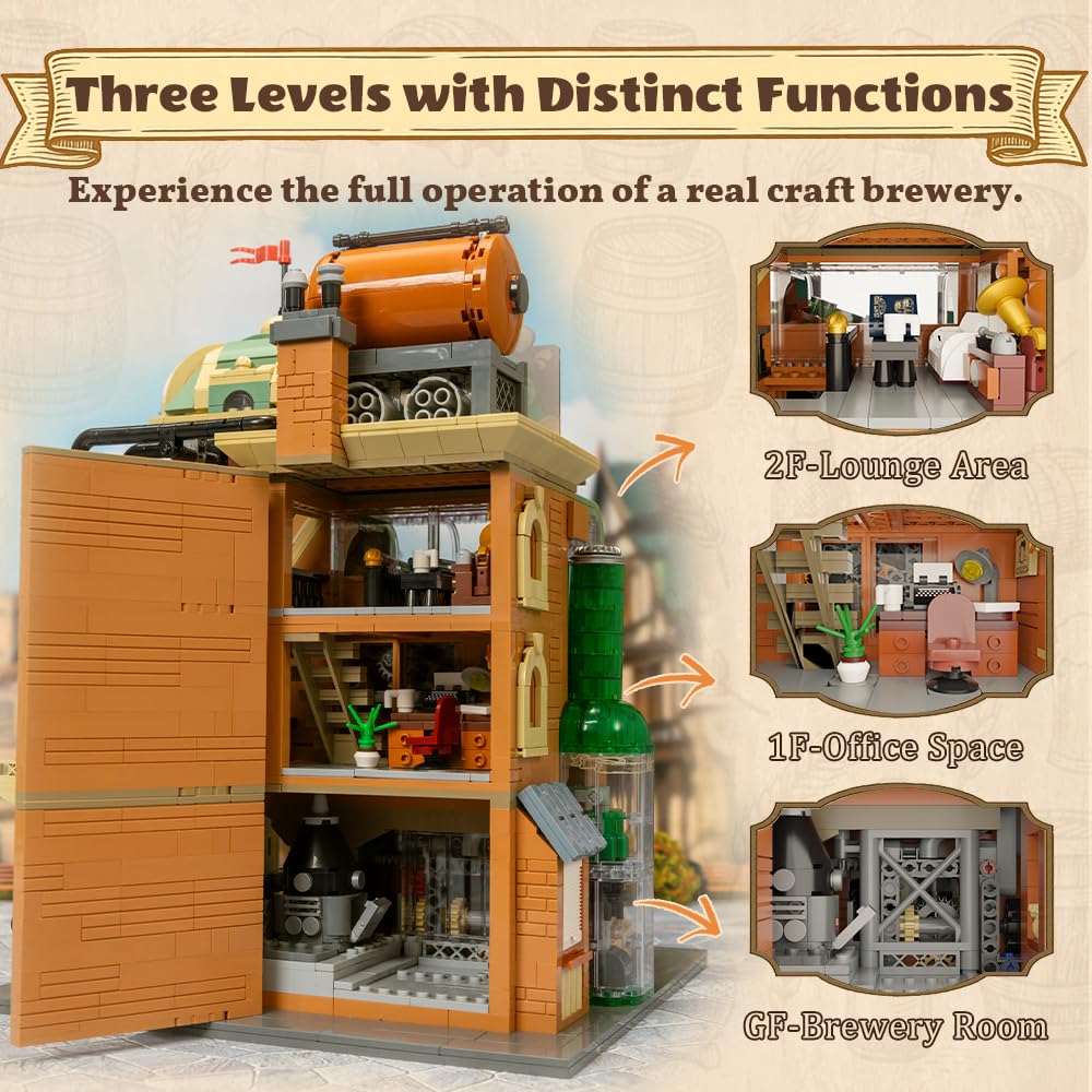 PANTASY Craft Beer Brewery Building Set for Adults – Vintage Microbrewery Factory Model with Modular Architecture, Dynamic Mechanisms, Self-Developed Minifigures & Display-Ready Design