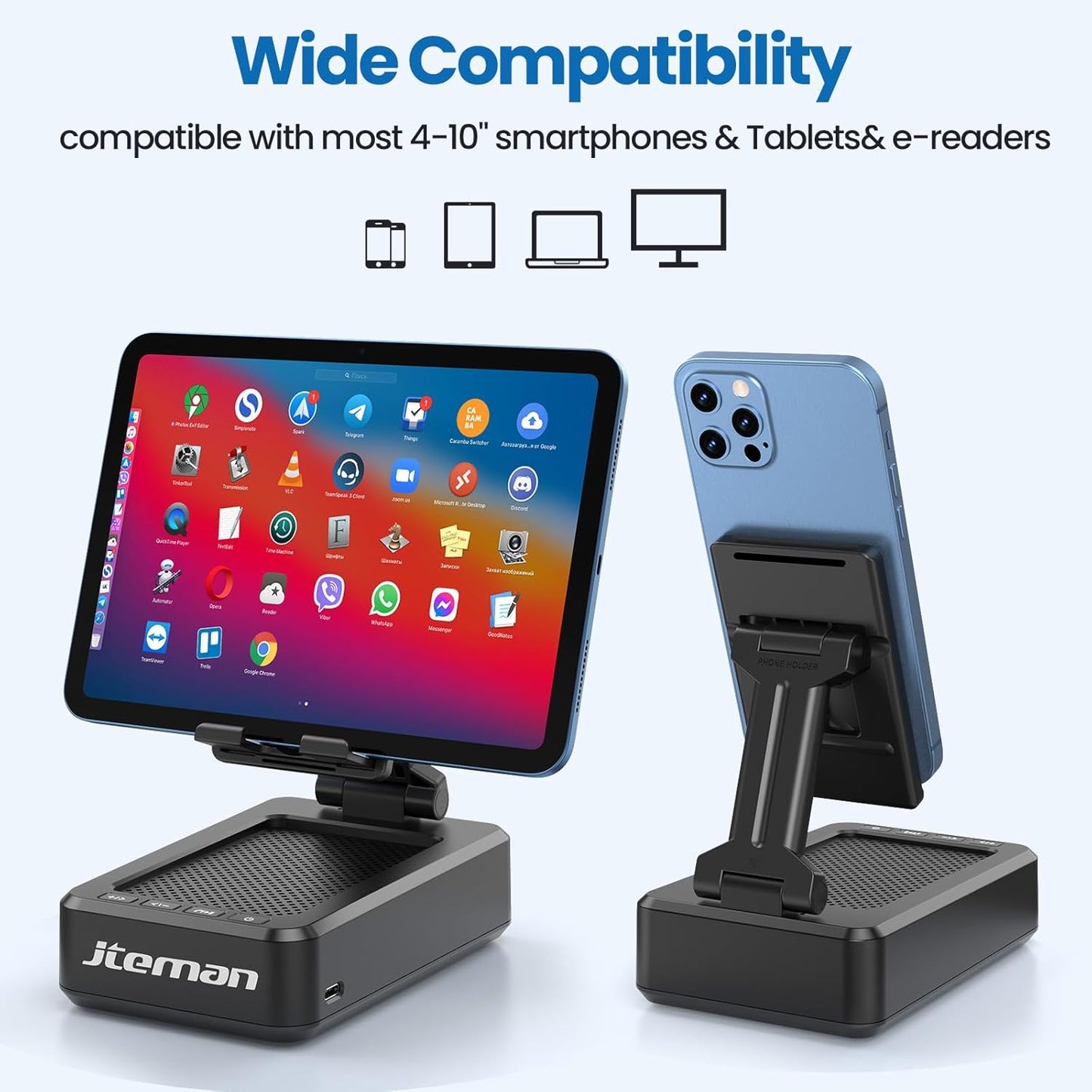JTEMAN Cell Phone Stand with Bluetooth Speaker, HD Stereo Sound & Anti-Slip Base, Foldable Adjustable Desktop Phone
