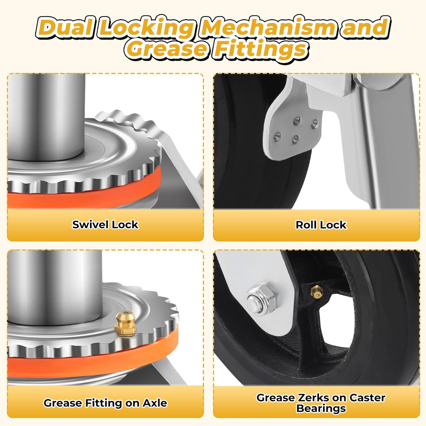 Besitu 8 inches Scaffolding Wheels 1-3/8" Solid Round Stem Caster with Dual Locking Brakes 1100LBS Capacity Per Wheel Commercial Scaffolding Accessories