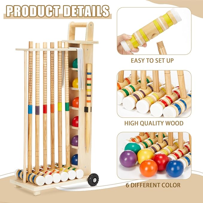 Hiboom 6 Player Croquet Set for Adults & Kids with Wooden Stand, Rubber Wooden Mallets, Colored Balls and Steel Wicket for Family & Friends, Great for Outdoor Lawn, Backyard Park