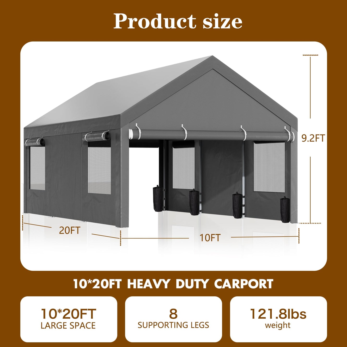 Nuturelly 12x20 FT Carport, Heavy Duty Carport Canopy with Roll-up Windows, Portable Garage with Removable Sidewalls & Doors, Car Canopy with All-Season PE Tarp for Car, Truck, Boat,Gray