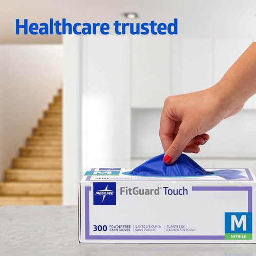 Medline FitGuard Touch Nitrile Exam Gloves - 300 Count, Medium, Powder-Free, Durable & Sensitive for Medical and Household Use