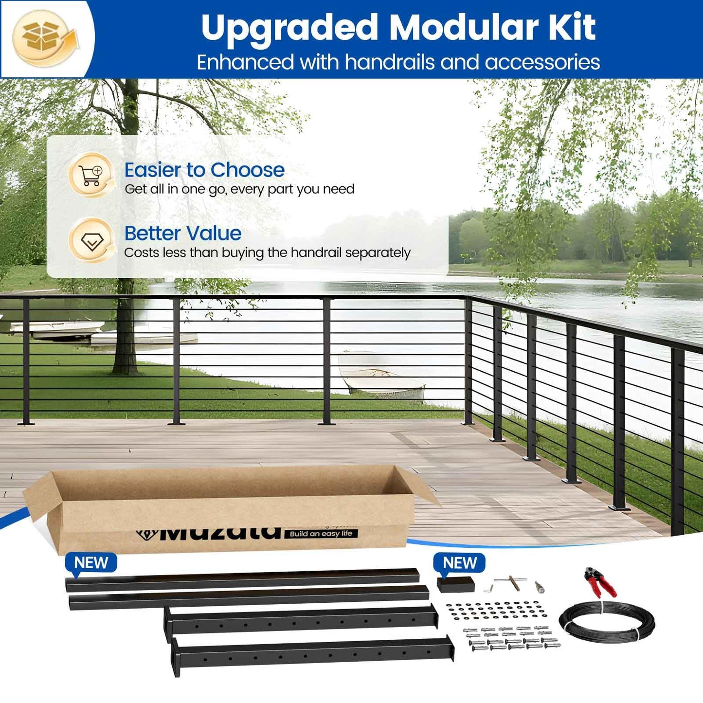 Muzata 16-20FT Modular Black Cable Railing Kit with Handrail 36 Inch 5 Level Post Kit Complete Set Cable Railing System for Decks Length Adjustable Easy DIY with Paper User Guide RW01