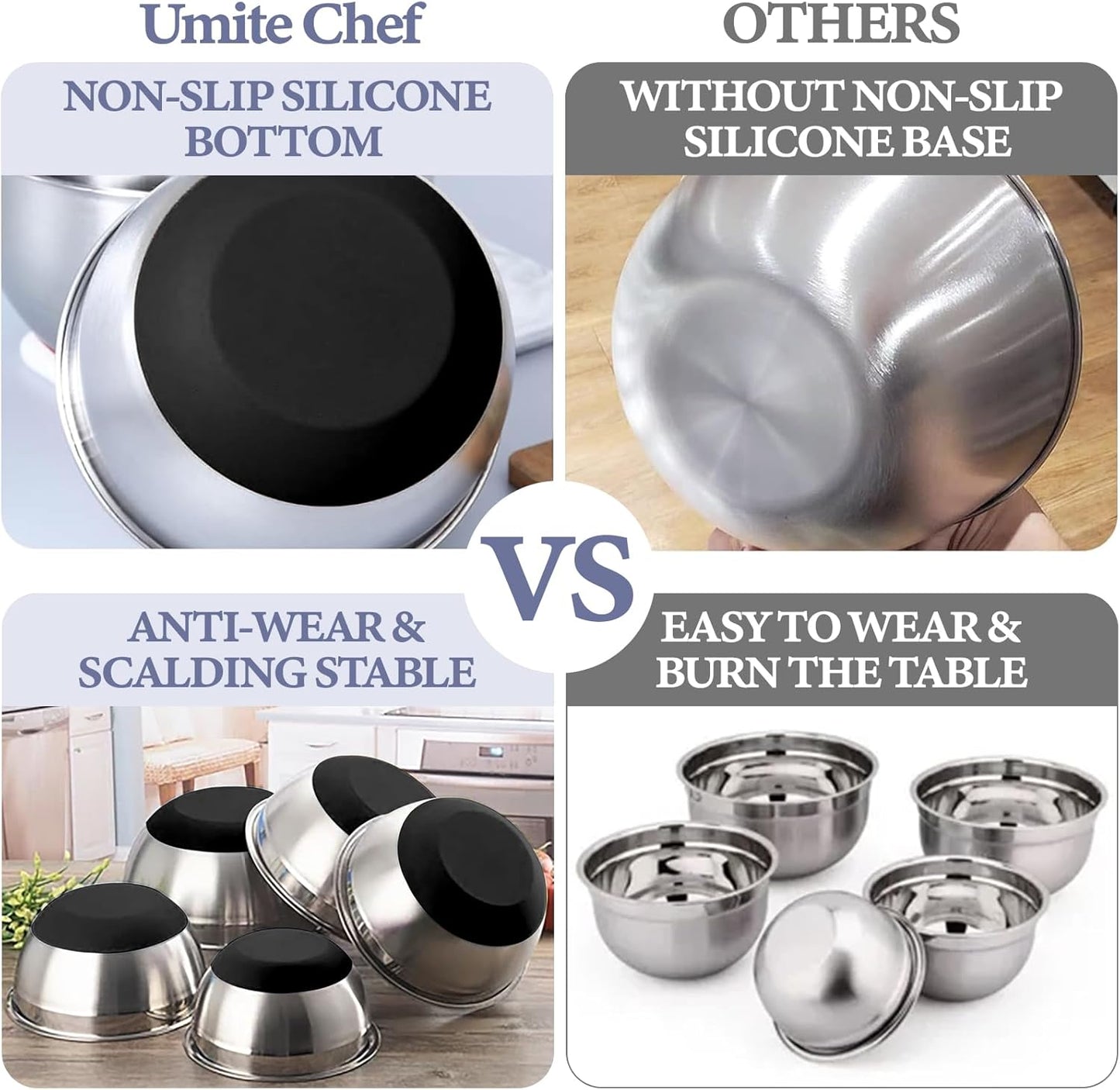 Umite Chef Mixing Bowls - 8PCS Stainless Steel Set with Airtight Lids & Non-Slip Bottoms | Black, 1.5QT to 5QT