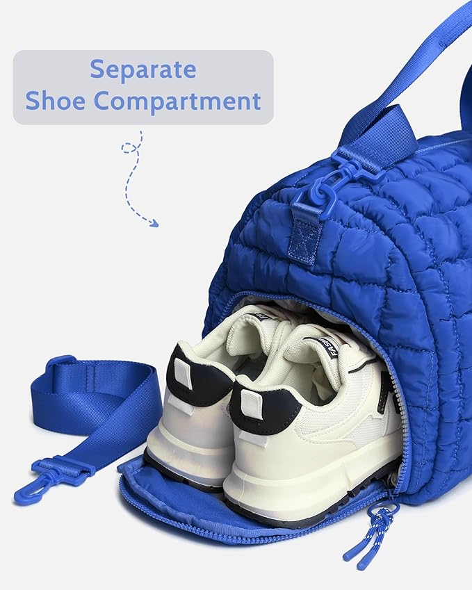 Quilted Duffel Travel Bag for Women, Puffer Gym Duffle Bag with Shoe Compartment Lightweight Large Crossbody Sport Bag Tote Blue