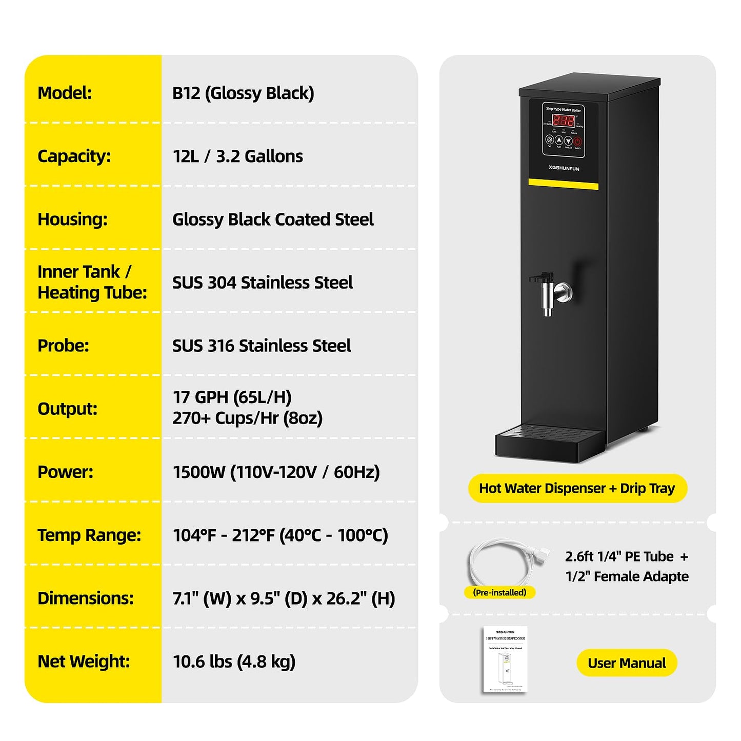 XQSHUNFUN Commercial Hot Water Dispenser, 12.68 Qt (12L) Auto-Refill Plumbed-in Water Boiler, 1500W Step-Heating, 104°F-212°F, Altitude Adaptive & °C/°F Switchable, 17 GPH Flow Rate, Glossy Black
