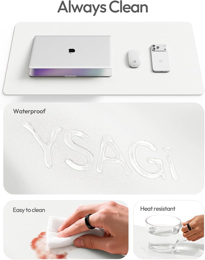 YSAGi Leather Desk Protector, Office Mat, Large Mouse Mat, Non-Slip PU Leather Blotter, Laptop Desk Pad, Waterproof Writing Pad for Office and Home (White, 47" x 17")