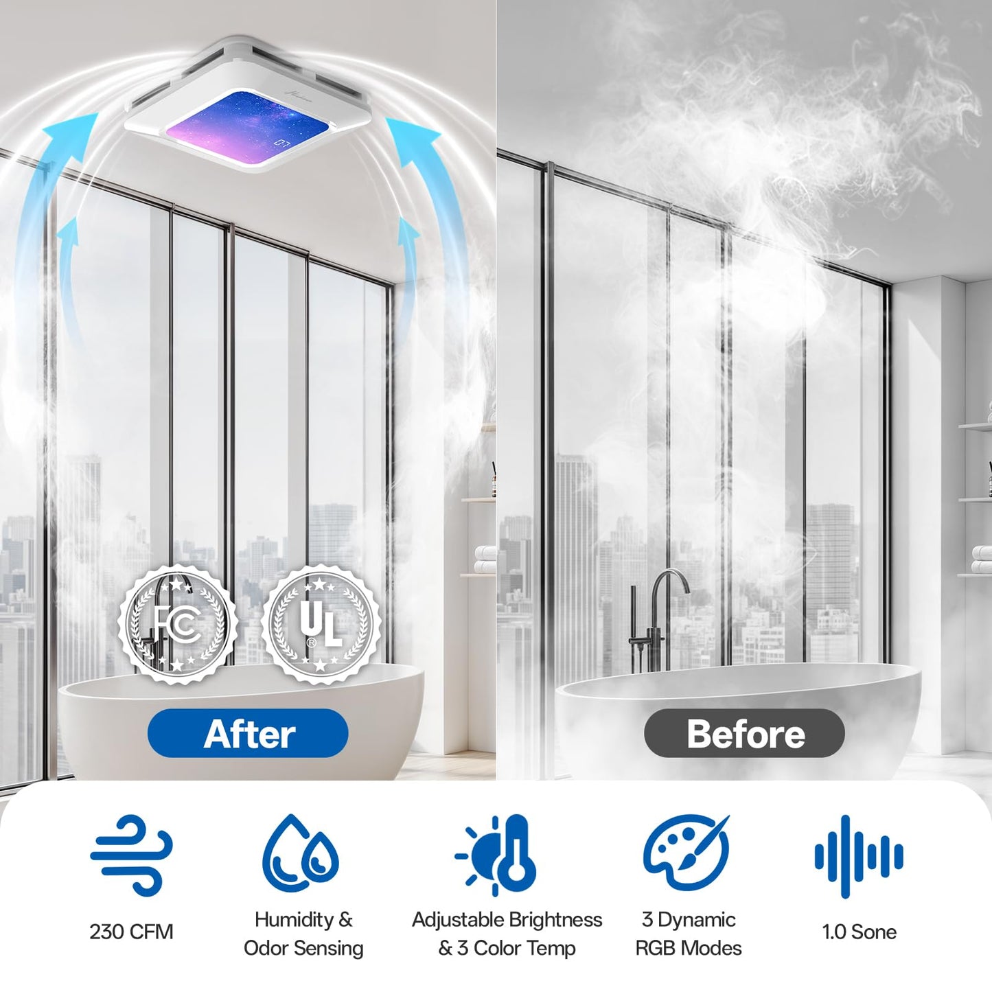 ROJOSAN Bathroom Exhaust Fan with Humidity Sensor, 230 CFM 1.0 Sone Ventilation Fan, 3 Dynamic Light and 3CCT Light (2700-4500-6500K), 11.22” x 11.22” Mount, Remote Control (Stellar Night)