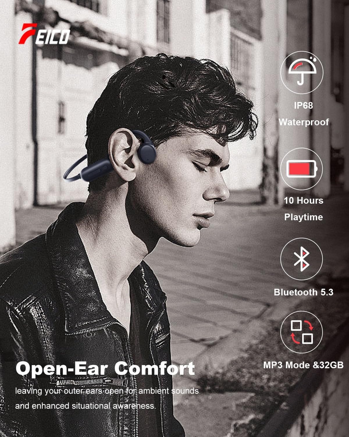 MP3 32GB Headset, IP68 5.3 Swimming, FEICO Bone Conduction Headphones with Built-in Sports Waterproof, Bluetooth