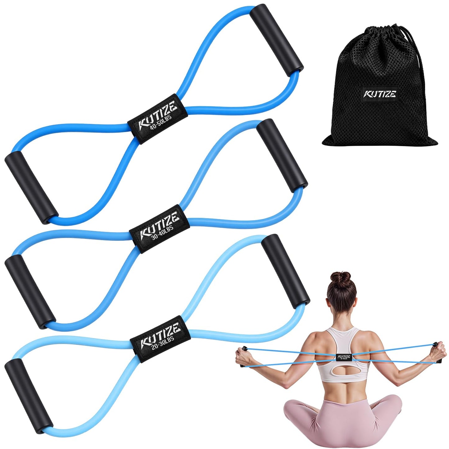 KUTIZE Resistance Bands with Handles, Figure 8 Resistance Bands for Women Men, 8 Shaped Exercise Bands for Arm, Chest, Shoulder & Back Workout, Home Gym Equipment for Yoga, Pilates, Physical Therapy