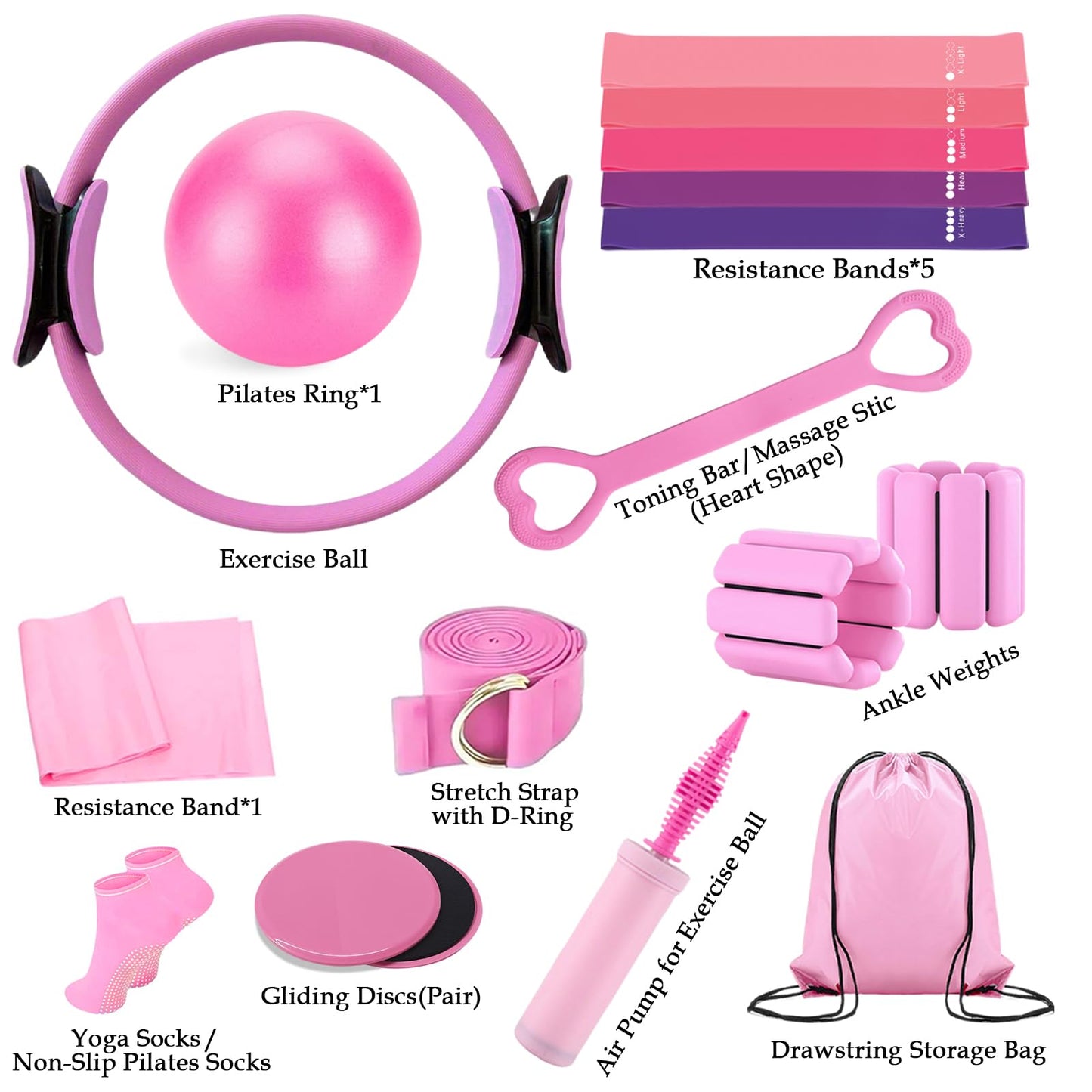 VIOXIA Pilates Kit for Home Workouts – Pilates Equipment Set with Ring, Ball, Resistance Bands, Pilates Accessories, Pilates Essentials Kit for Women, Pilates Sets for Home Exercise（Pink）