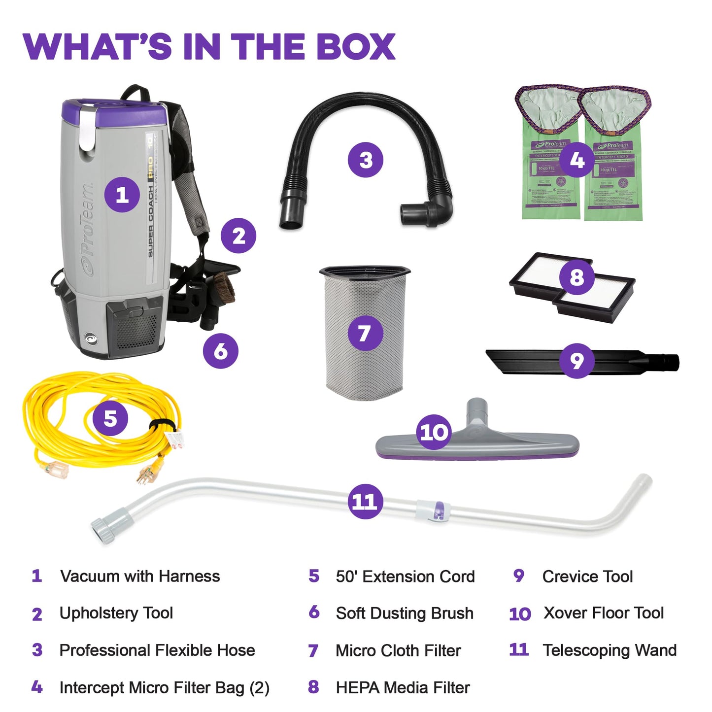 ProTeam Super Coach Pro 10 Backpack Vacuum Commercial with Telescoping Wand Tool Kit, 10 Quart, Corded, 107303