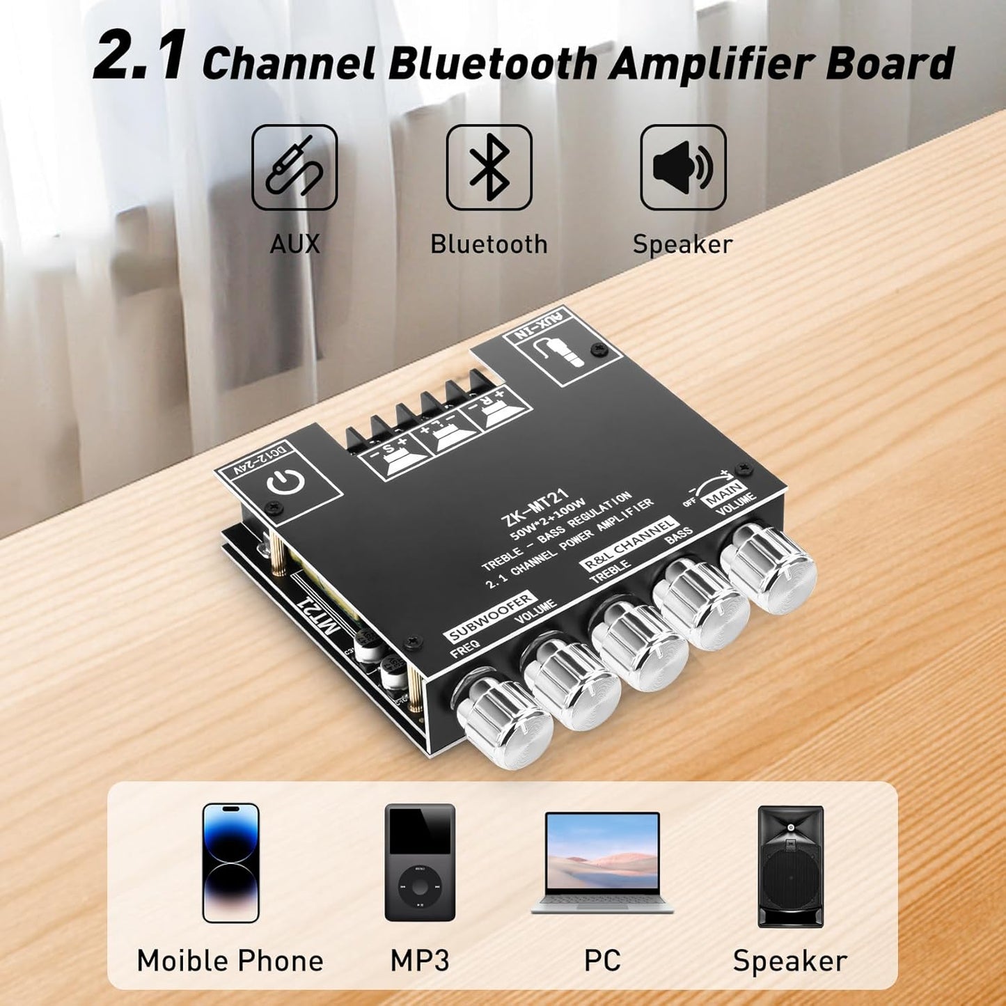 ZK-MT21 Board,50W+50W+100W 2.1 9-24V, Daakro Bluetooth Amplifier Channel Subwoofer Amp Board with Treble/Bass/Sub