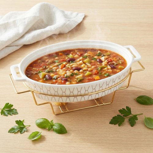 jinsongdafa 12" x 8" Ceramic Oval Casserole Dish with Glass Lid and rack, 54 ounce Serving Soup Tureen,Chafing Dish for Buffet, Family Food preserve Tray, Catering Casserole for Party Style, White