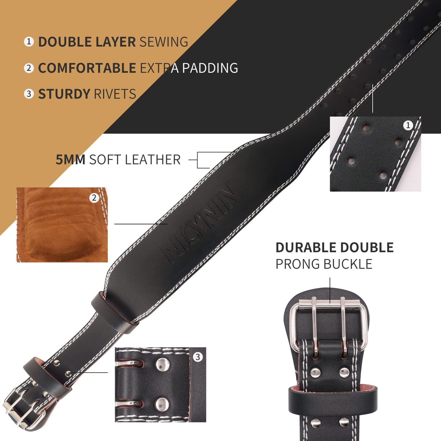 Nicynin Leather Weightlifting Belt, Weight Lifting Belt 4 Inch Wide for Men Women, Gym Lever Belts -Lower Back Support- for Workout, Powerlifting, Squats, Deadlifts, Cross Training (Black, Medium)