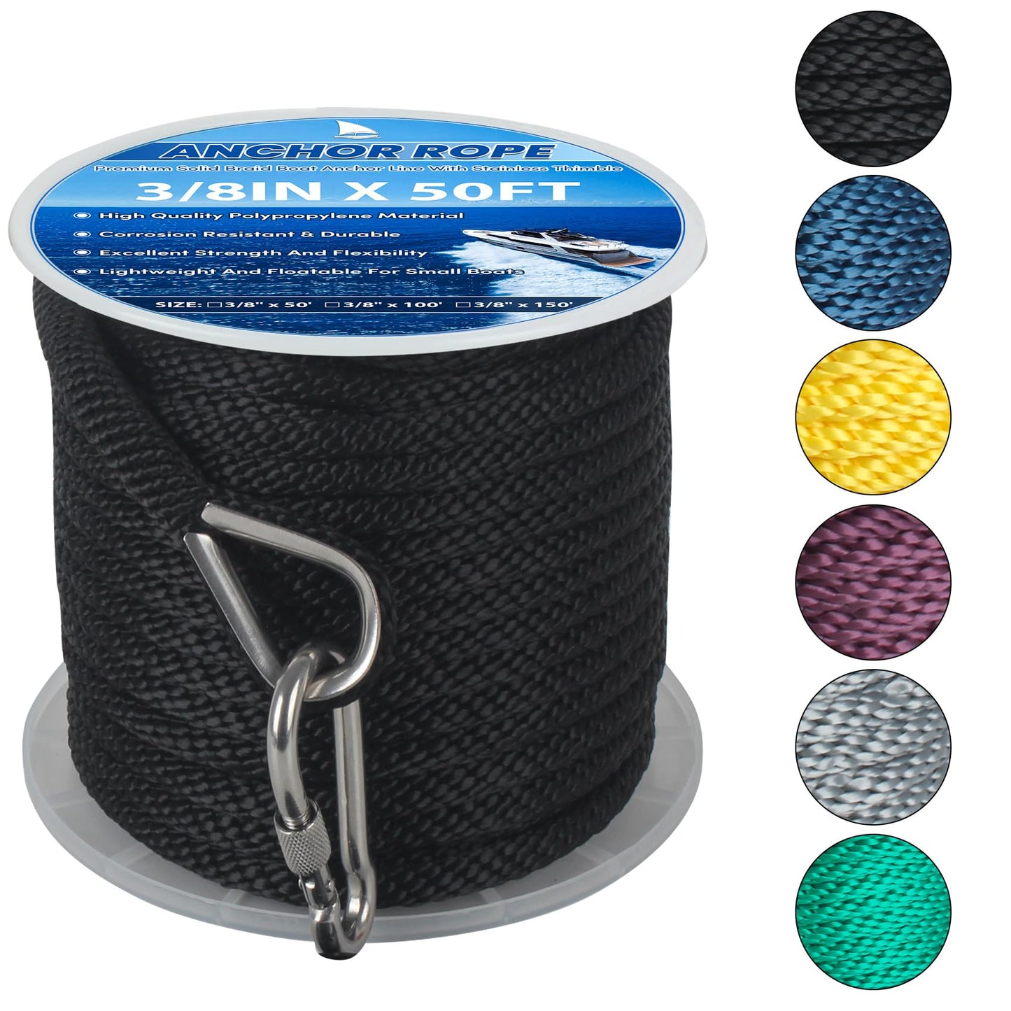 Anchor Rope 3/8in x 50FT,Premium Solid MFP Braided Anchor Ropes Anchor Line,Boat Anchor Rope with Stainless Steel Thimble & Snap Hook,Marine Rope for Anchors and Boats (Black)
