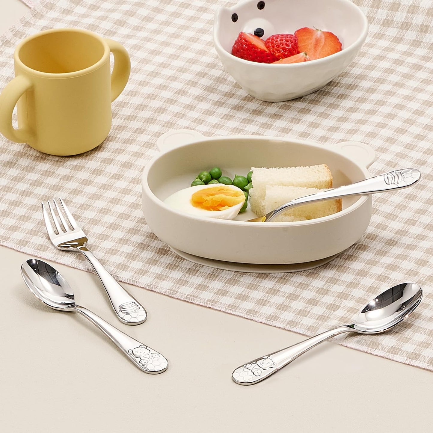 KINGSTONE Kids Silverware Set, 6-Piece Large Forks & Spoons, 18/10 Stainless Steel, Ergonomic Flatware for Self-Feeding Children, Home & Travel, Honey Bear Print