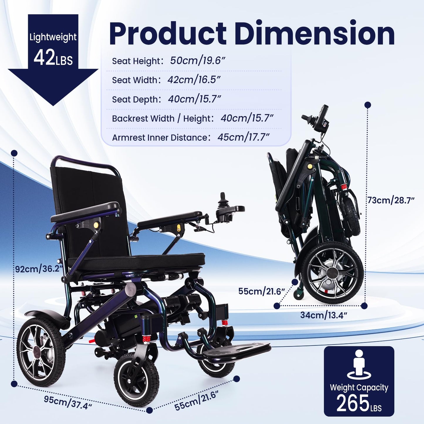 New Gradient Colour Electric Wheelchairs for Adults, Ultra Lightweight 42Lbs Foldable Power Wheelchairs, All Terrain Motorized Wheelchair with 2 Lithium Batteries, with Telescopic and Remote Control