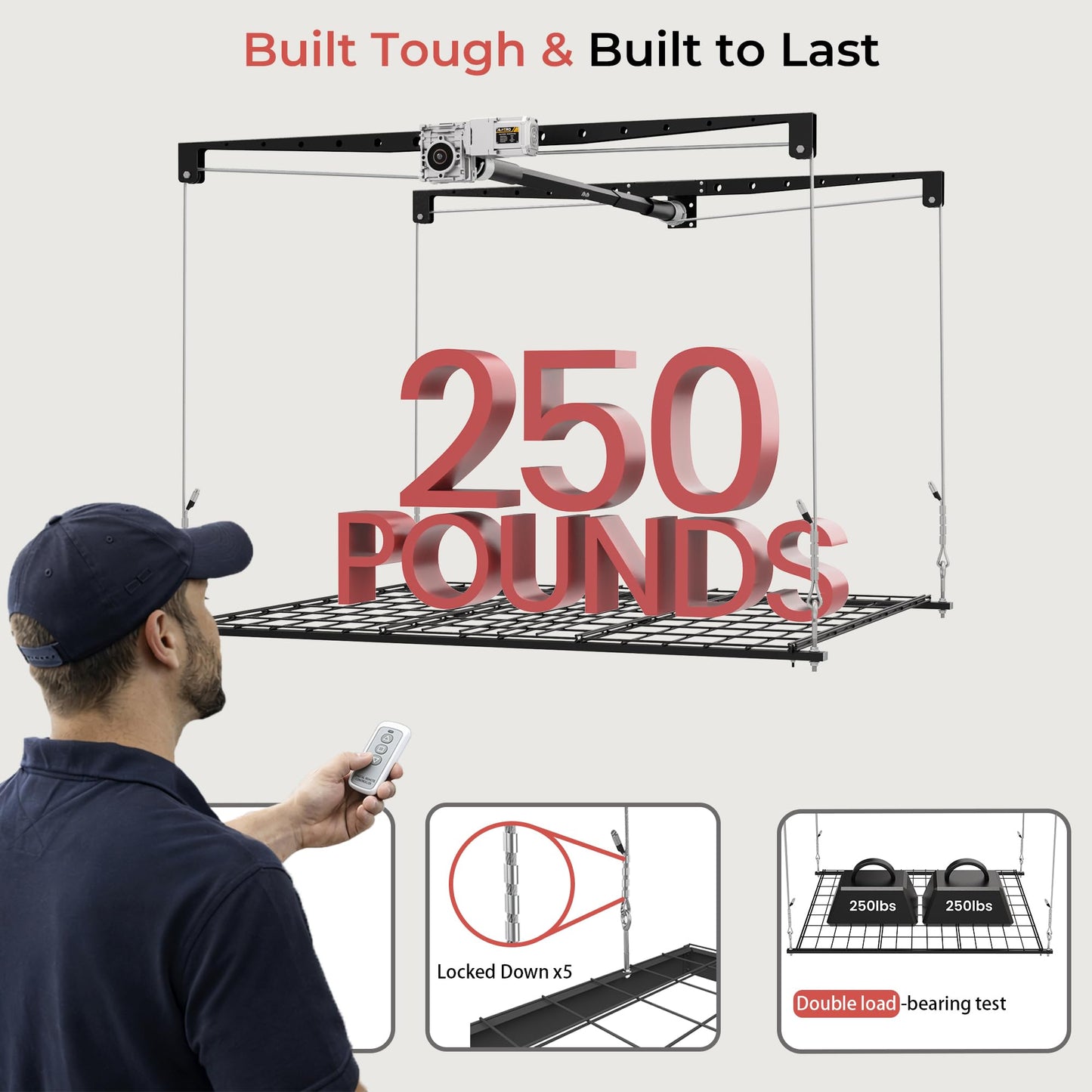 KOKORACKER Motorized Garage Ceiling Storage Racks with Remote Control, 4x4 FT Overhead Garage Storage Rack, Heavy-Duty Lift Storage System, Space-Saving Hanging Shelves, 250 Lbs Capacity