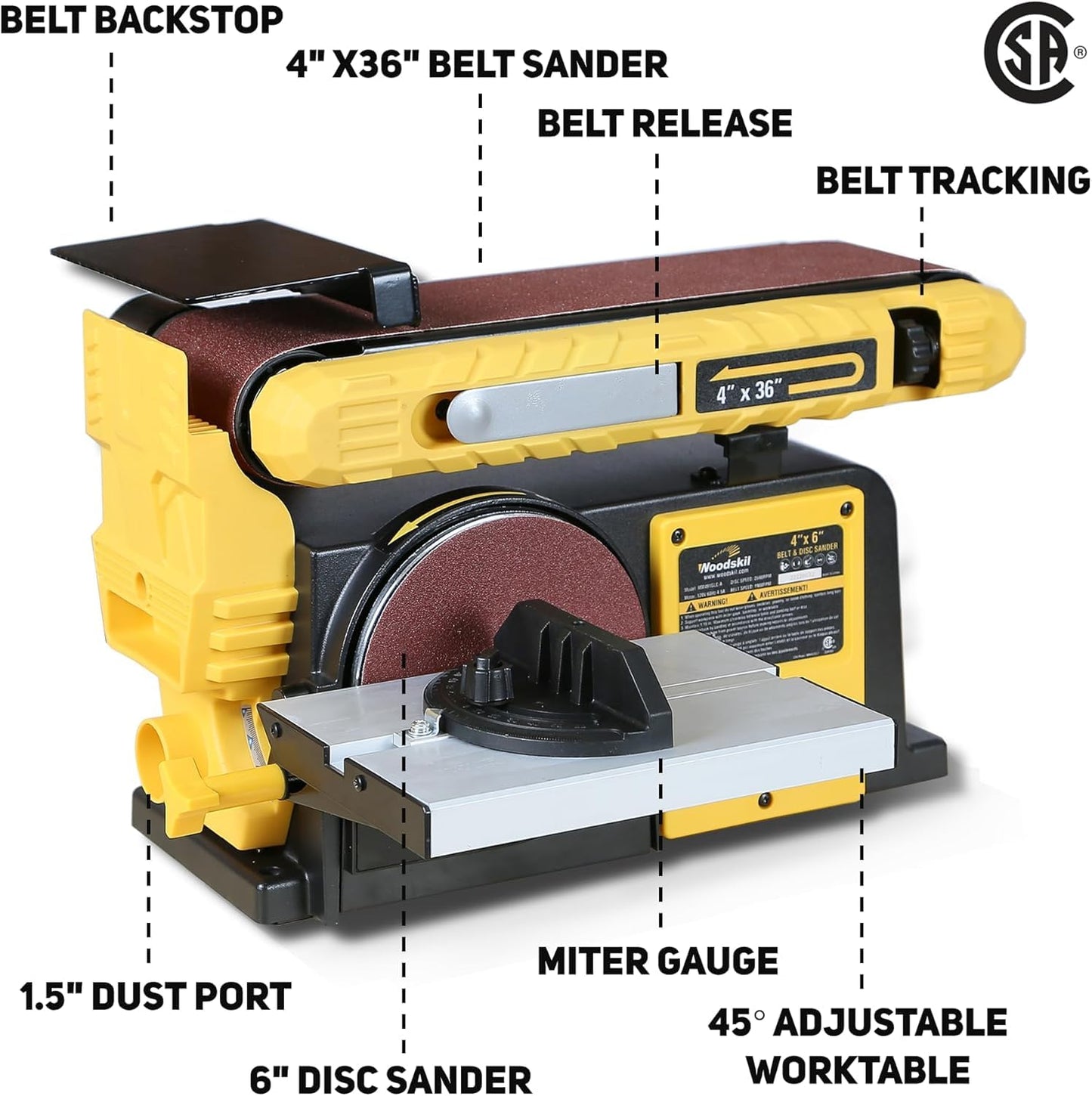 Woodskil 4.5-Amp Belt & Disc Sander Combo, 4x36 in. Belt & 6 in. Disc Sander with 3/4HP Motor, Upgraded Model