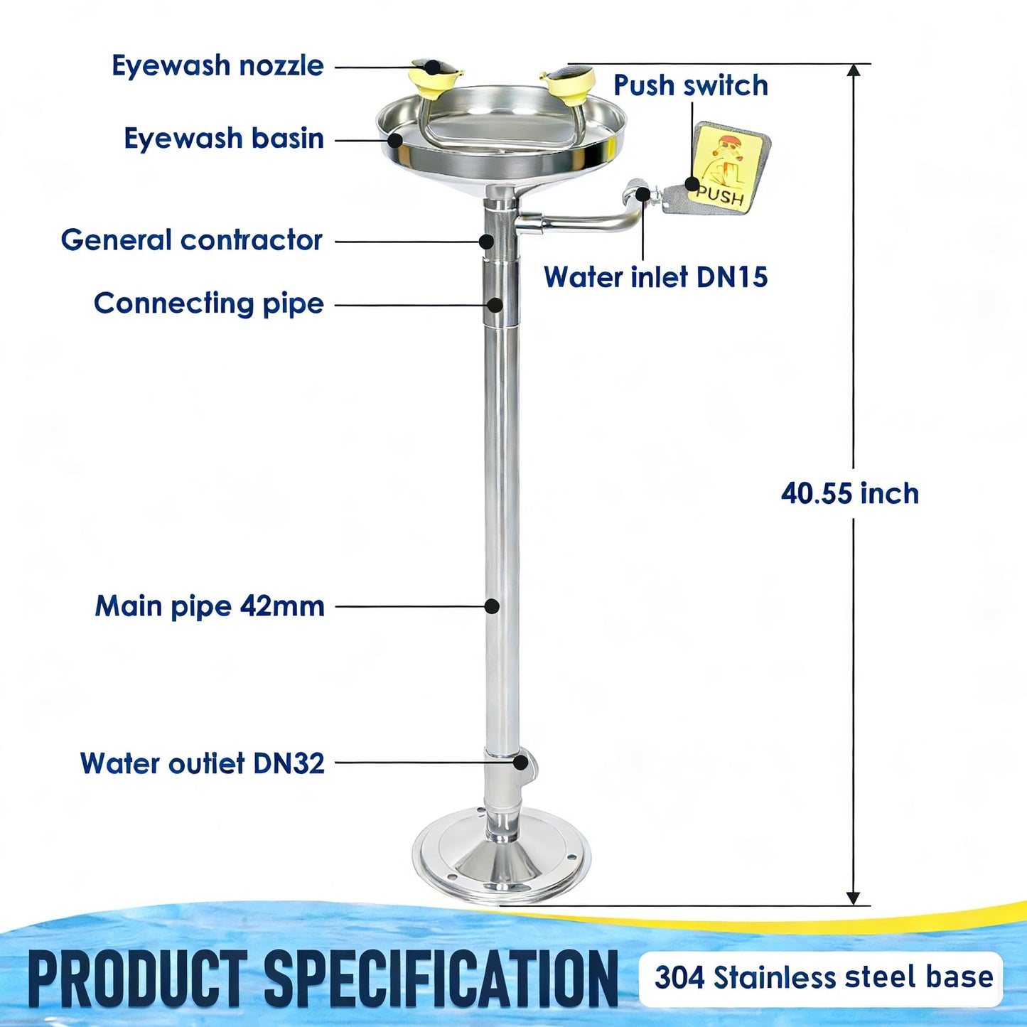 lukar Stand Up Eye Wash Station, Floor Mounted Eyewash Station, 304 Stainless Steel Eye Washing Station, Adjustable Water Flow Eye Wash Units with Dual Spray Head and Eye Wash Sign, NPT Threaded