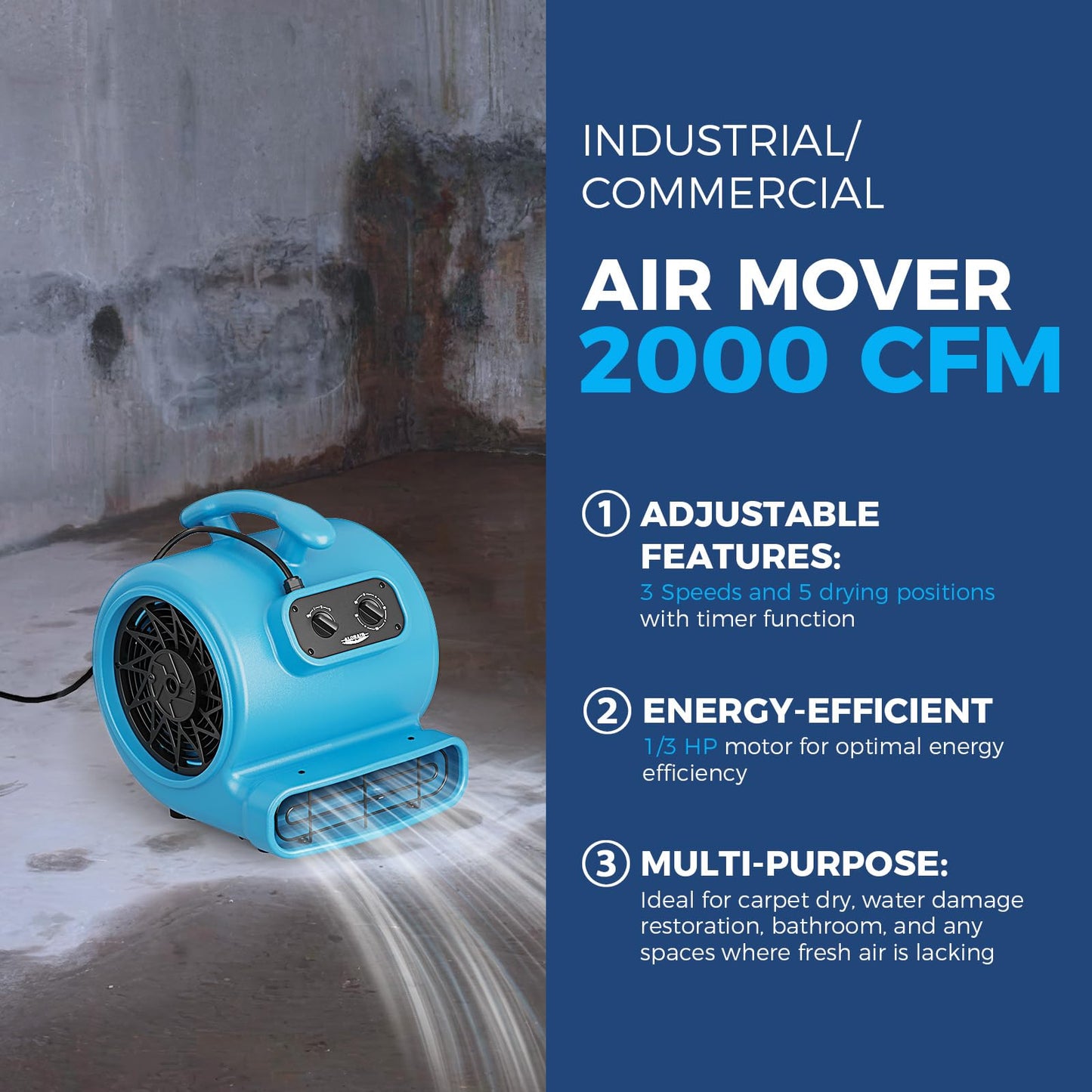 ALORAIR 1/3 HP 2000 CFM Air Mover Blower Fan for Industrial, Floor Fan Dryer, Carpet Dryer - Timer, Stackable, 3 Speeds, 5 Adjustable Angles Ideal for Water Damage Restoration and Plumbing - GE2000T