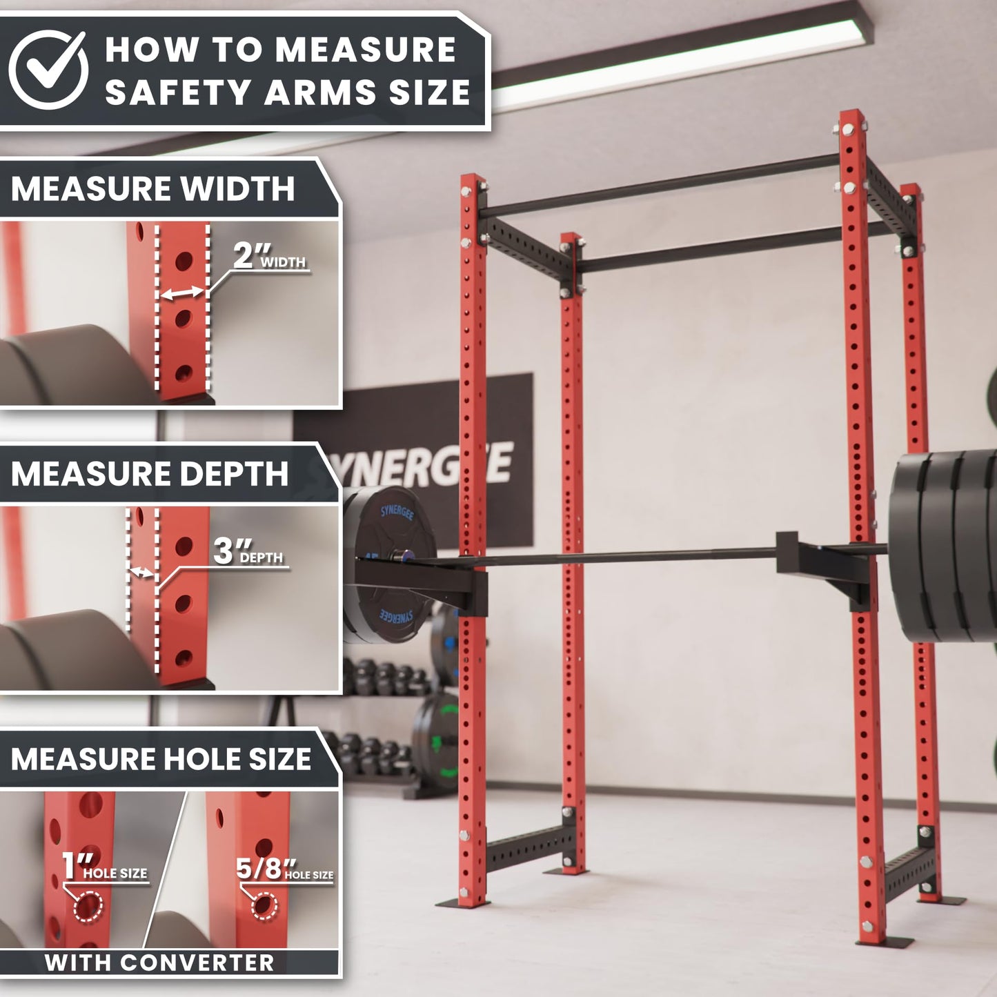 Synergee Safety Arms for 2x3 Power and Squat Racks, Fits Racks with 1" and 5/8" Holes. Rack-Mounted Safety Arm Attachment for Spotting, Bench Press, and Squats.