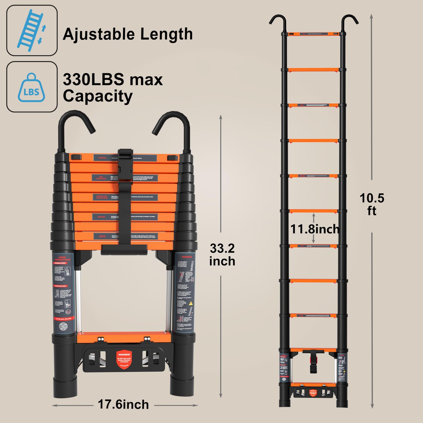 AOPENG Telescoping Ladder,10.5FT Quick Folding Aluminum Extension Ladder for RV/Home/Outdoor, 330lbs Max Load