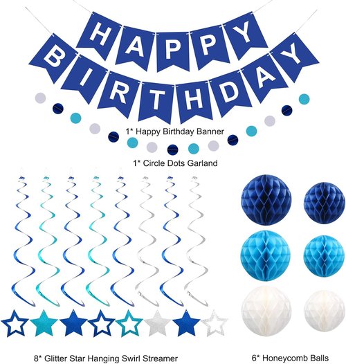 Meowtastic Birthday Decorations - Happy Birthday Banner with Honeycomb Balls & Stars | Blue Party Decor