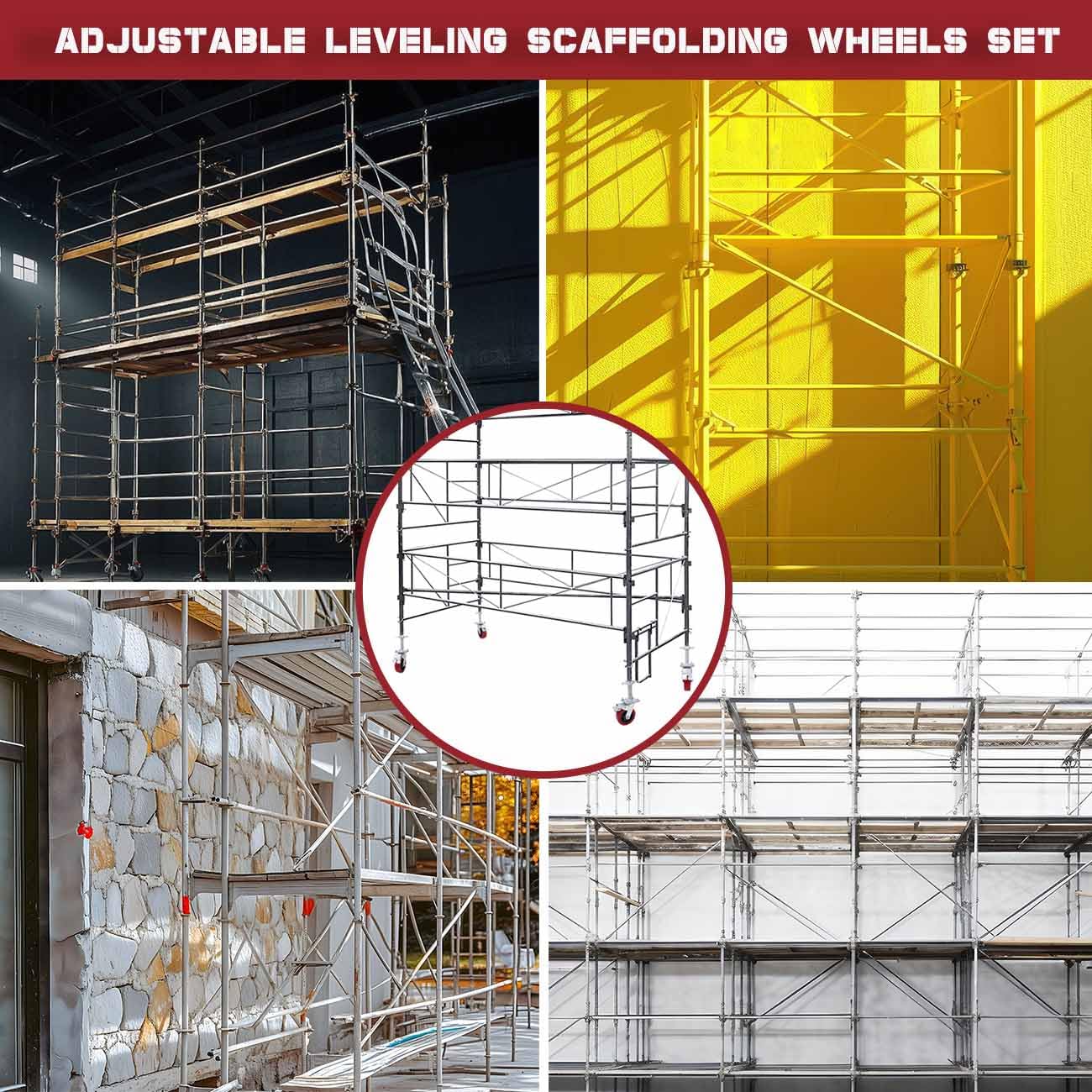 4 Pack Adjustable Leveling Scaffolding Wheels Set, Scaffolding Screw Jacks, Heavy-Duty Scaffold Leveling Jack, 6"-Scaffolding Casters, 1-1/5" OD Scaffold Screw, Swivel Wheels Casters Dual Locking Set