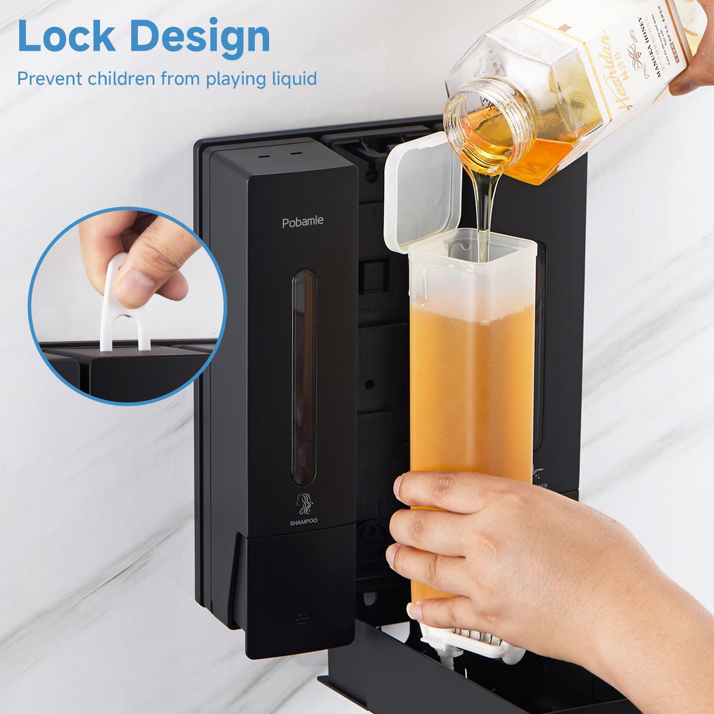 Pobamle Shampoo and Conditioner Dispenser - Shower Soap Dispenser Wall Mounted No Drill - Shampoo Conditioner Body Wash Dispenser 3 Chamber - Easy Install for Bathroom Hotel Black 1200ml