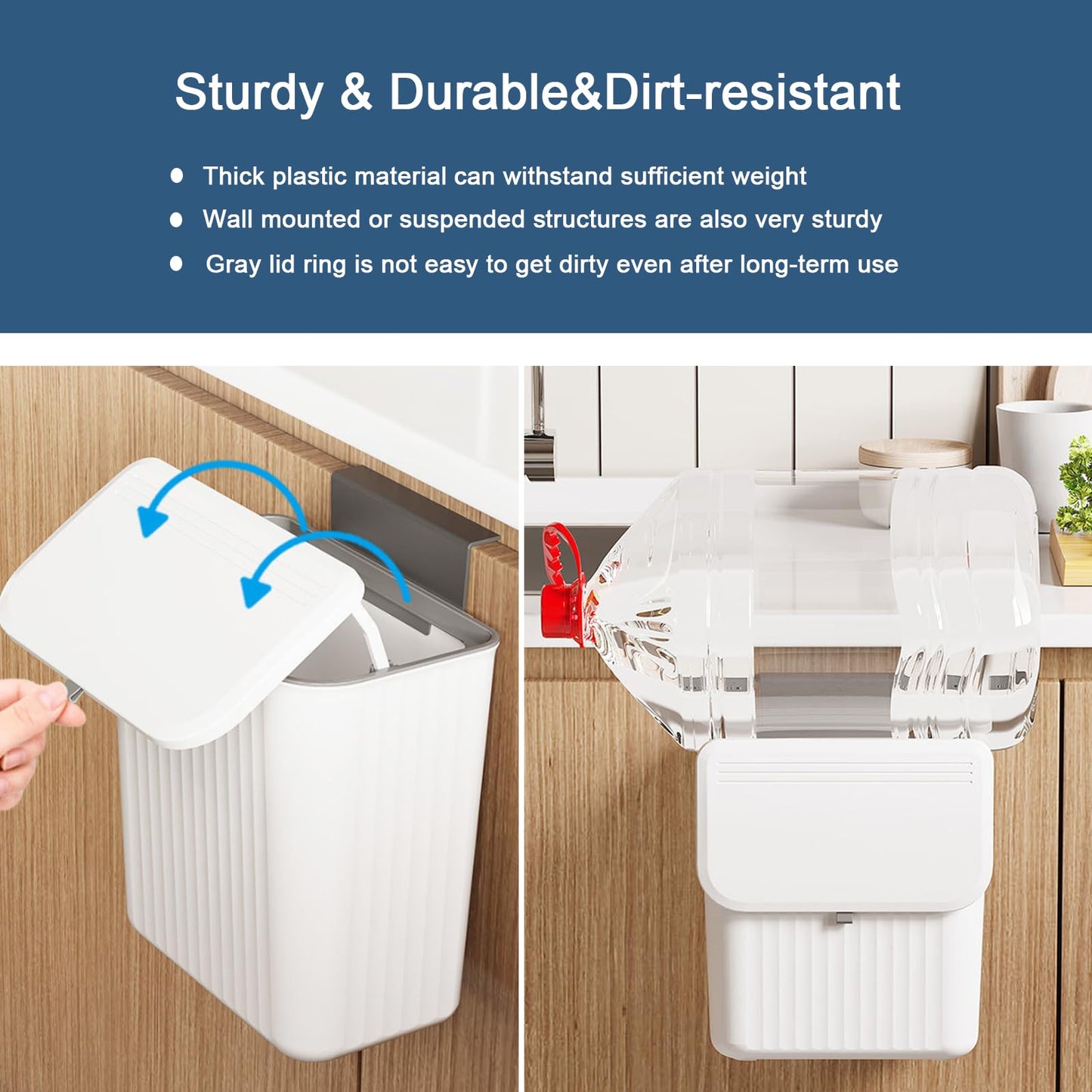 Ryhiac 2.4 Gallon Kitchen Compost Bin for Counter Top or Under Sink, Hanging Small Kitchen Trash Can with Lid, Wall Mounted Waste Basket Bin Garbage Can for Bathroom (White)