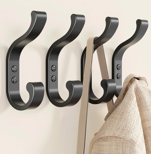 Bussdis Coat Hooks - Heavy Duty Wall-Mounted Hangers | Holds Up to 30 lbs - Black, 4 Pack for Towels & Bags