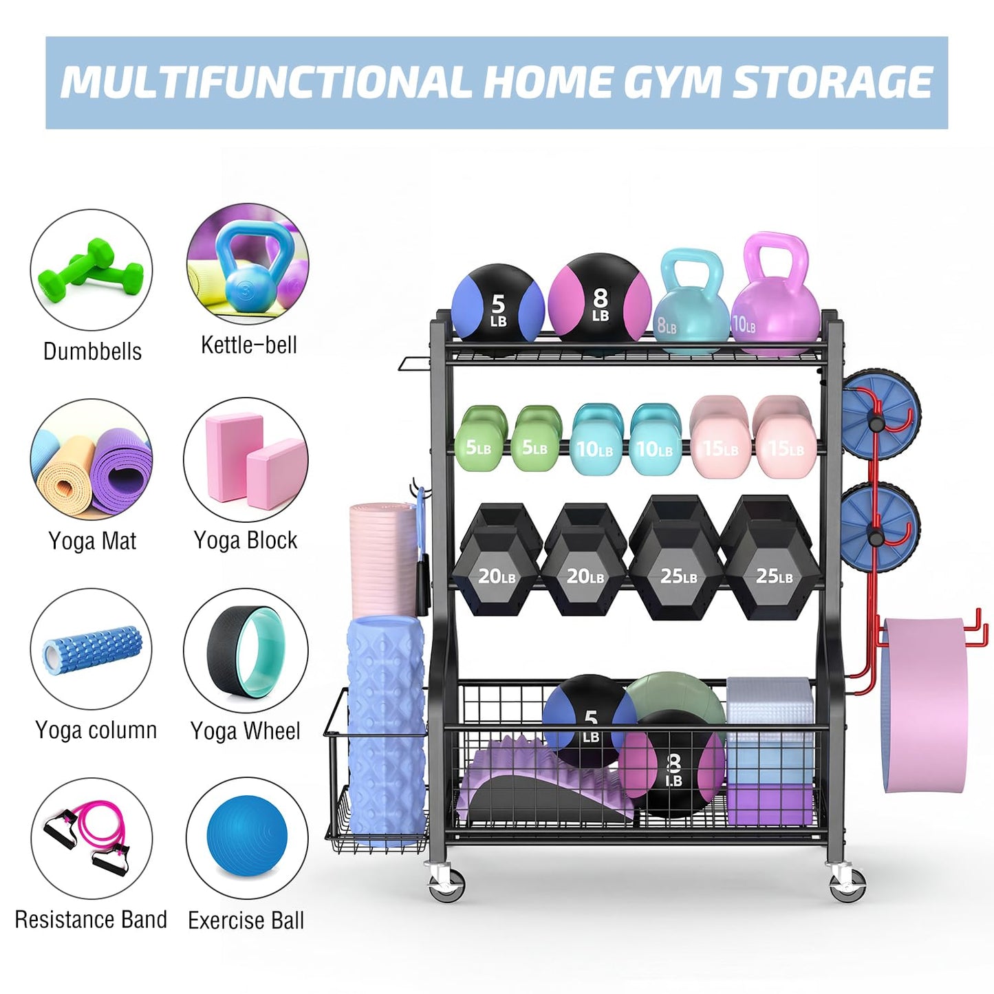 PLKOW Dumbbell Weight Rack, Home Gym Storage for Kettlebells Yoga Mat and Balls, All in One Workout Storage with Wheels and Hooks, Powder Coated Finish Steel