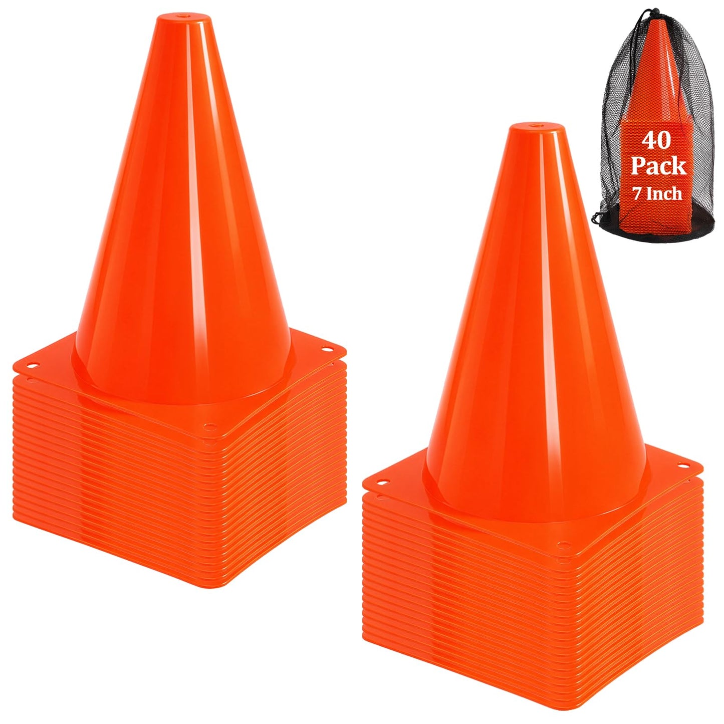 Faswin 40 Pack Plastic Training Cones, 7 Inch Plastic Soccer Cones, Agility Marker Cone Traffic Cone for Basketball, Football, Skating Drills Practice, Indoor and Outdoor Games