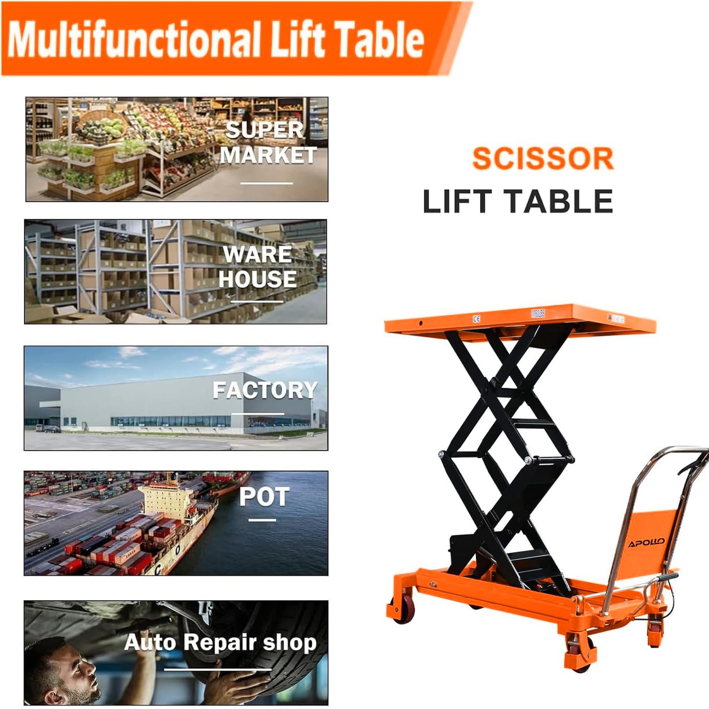 APOLLOLIFT Hydraulic Lift Table Cart, 1760lbs Capacity 59" Lifting Height, Double Scissor Lift Table with 4 Wheels and Safety Back Guard for Material Handling and Transportation(Orange)