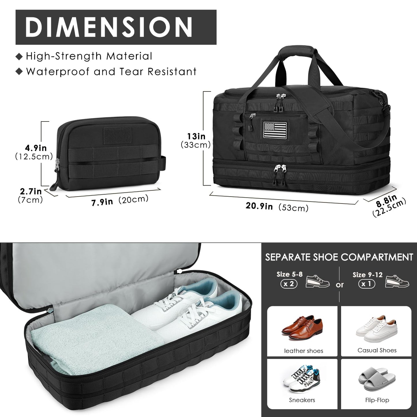 ETRONIK Gym Bag for Men Women, Carry on Luggage 22x14x9 Airline Approved, Tactical Travel Duffle Bag with Toiletry Bag and Shoe Compartment, Weekender Overnight with Wet Pocket for Workout, Black